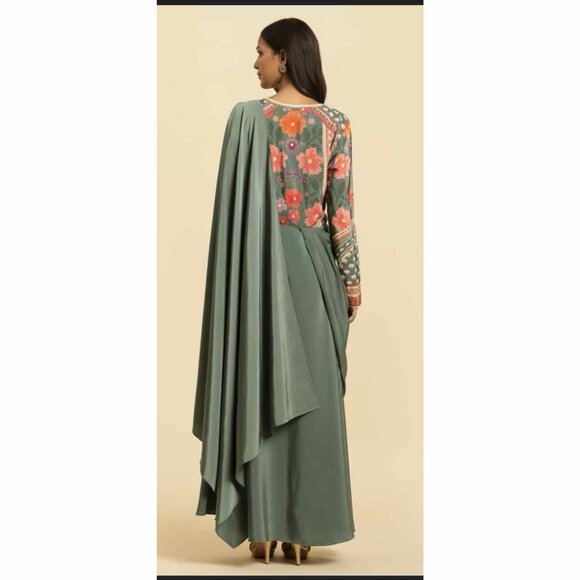 Wishful x Sahil Kochhar Green Printed Maxi Saree Dress Beaded Embroidered - Picture 9 of 9